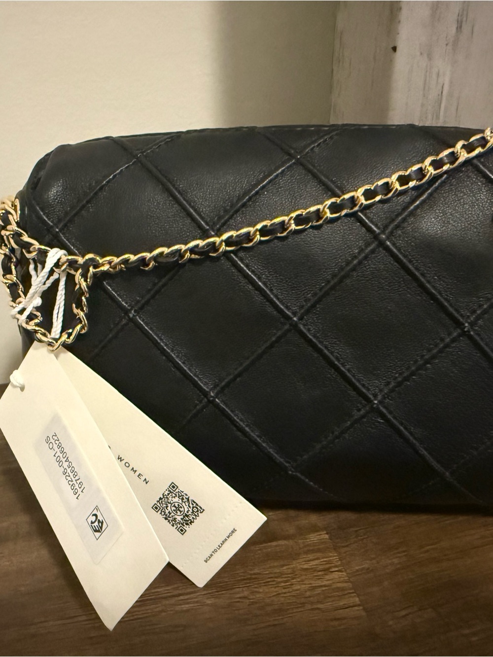 Tory Burch Black Quilted Leather Crossbody with Gold Chain